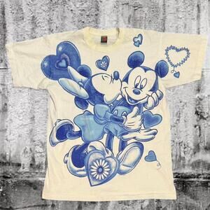 Vintage 90s Mickey Minnie Kiss Tee All Over Print USA Disney OSFA Single Stitch